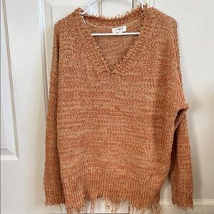 umgee Women's Distressed V-Neck Sweater in Rust